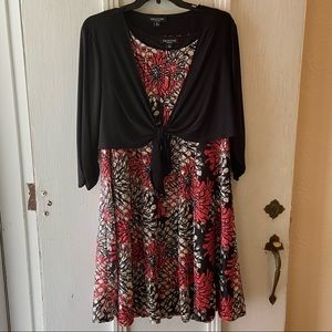 Tan & Red Floral dress with Black half cardigan.